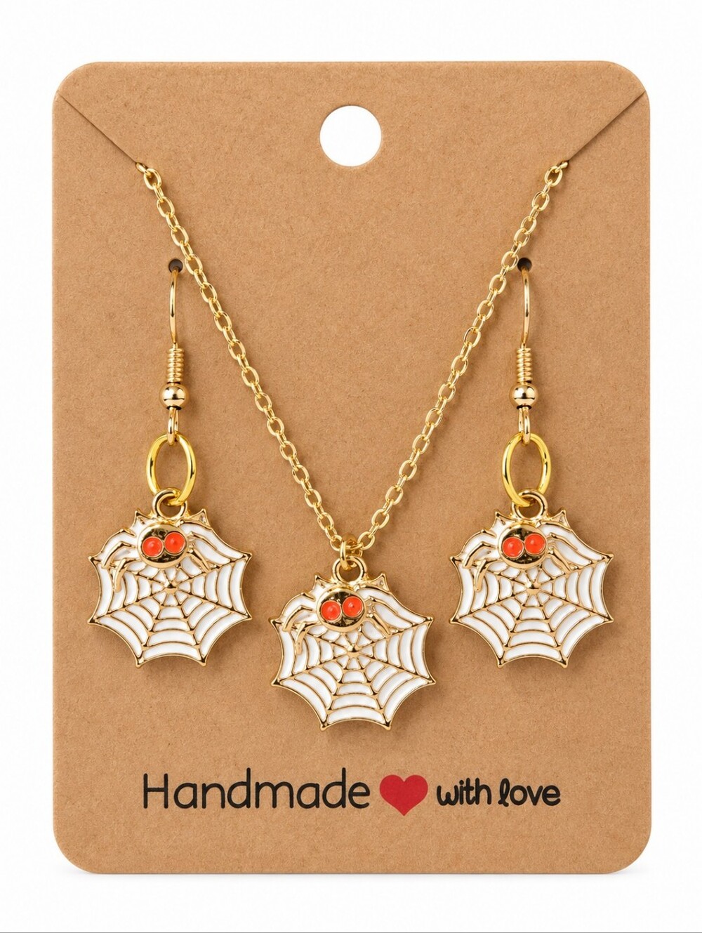 Handmade Halloween Spider Web Necklace Earrings Jewelry Set Gold Tone